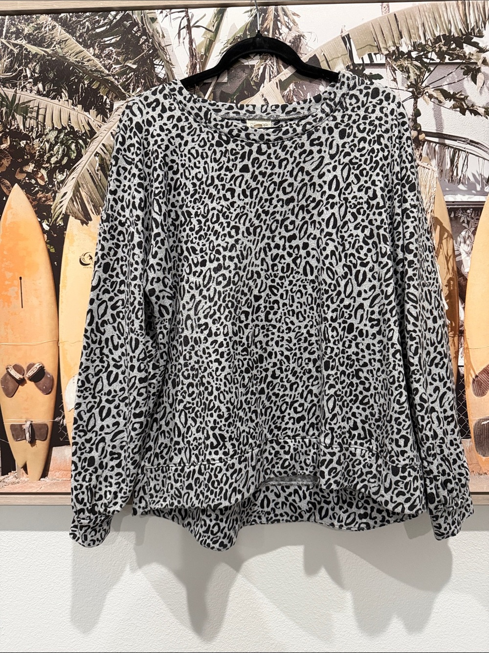 Leopard Print Long Sleeve Top  Gray